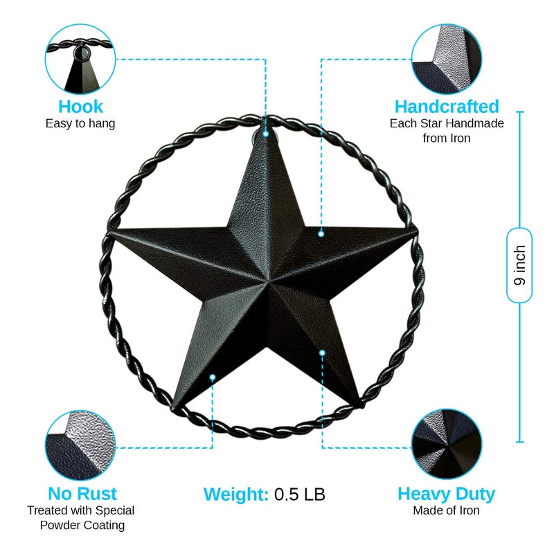 EcoRise Dark Bronze Metal Wall Star Barn Star, Rustic Western Wall Art, 9" Twisted Rope - Image 2